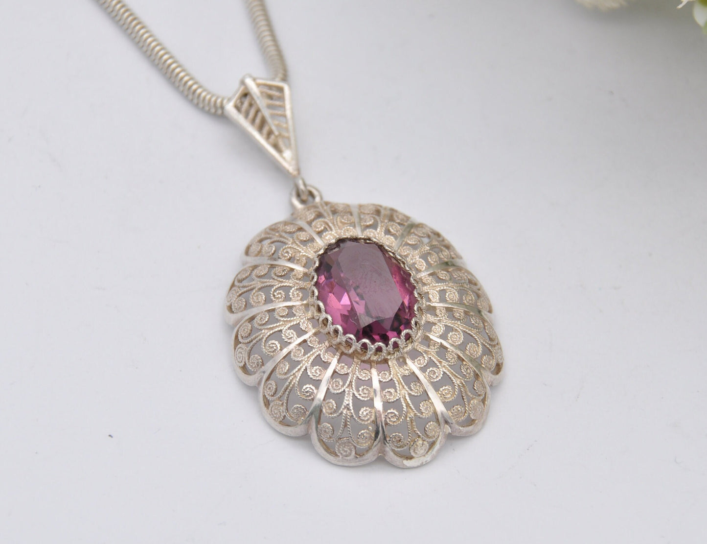 Vintage Sterling Silver Filigree Pendant Necklace with Purple Crystal Stone