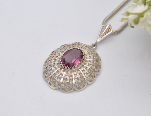 Vintage Sterling Silver Filigree Pendant Necklace with Purple Crystal Stone