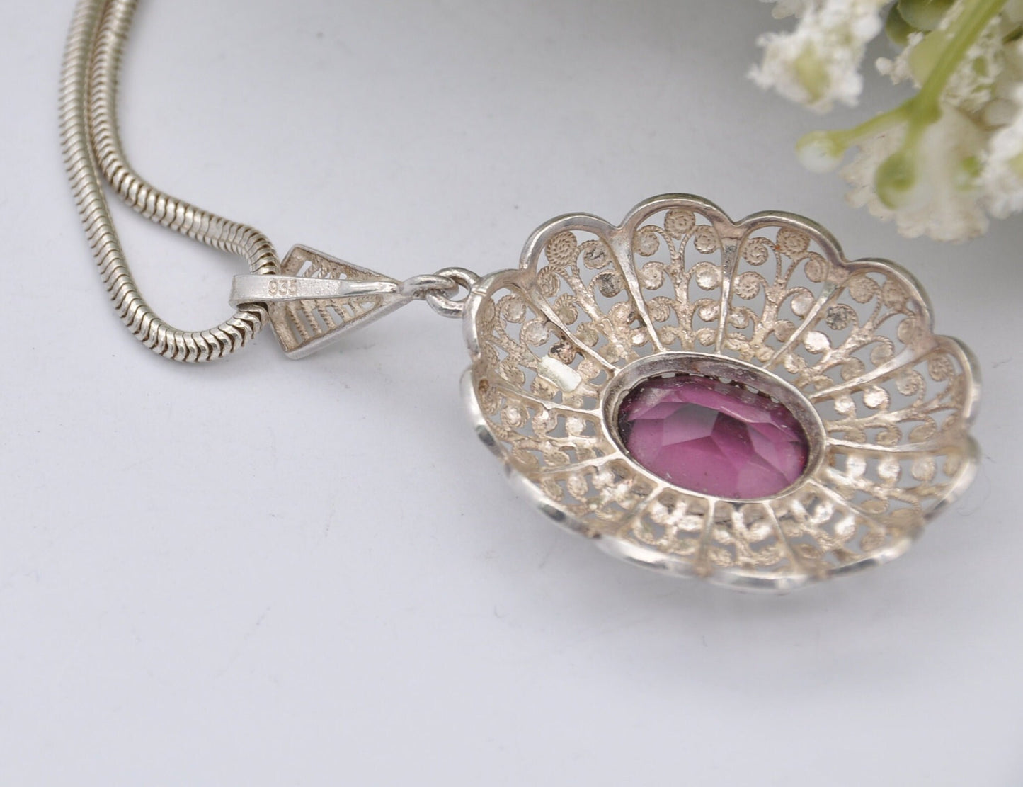 Vintage Sterling Silver Filigree Pendant Necklace with Purple Crystal Stone