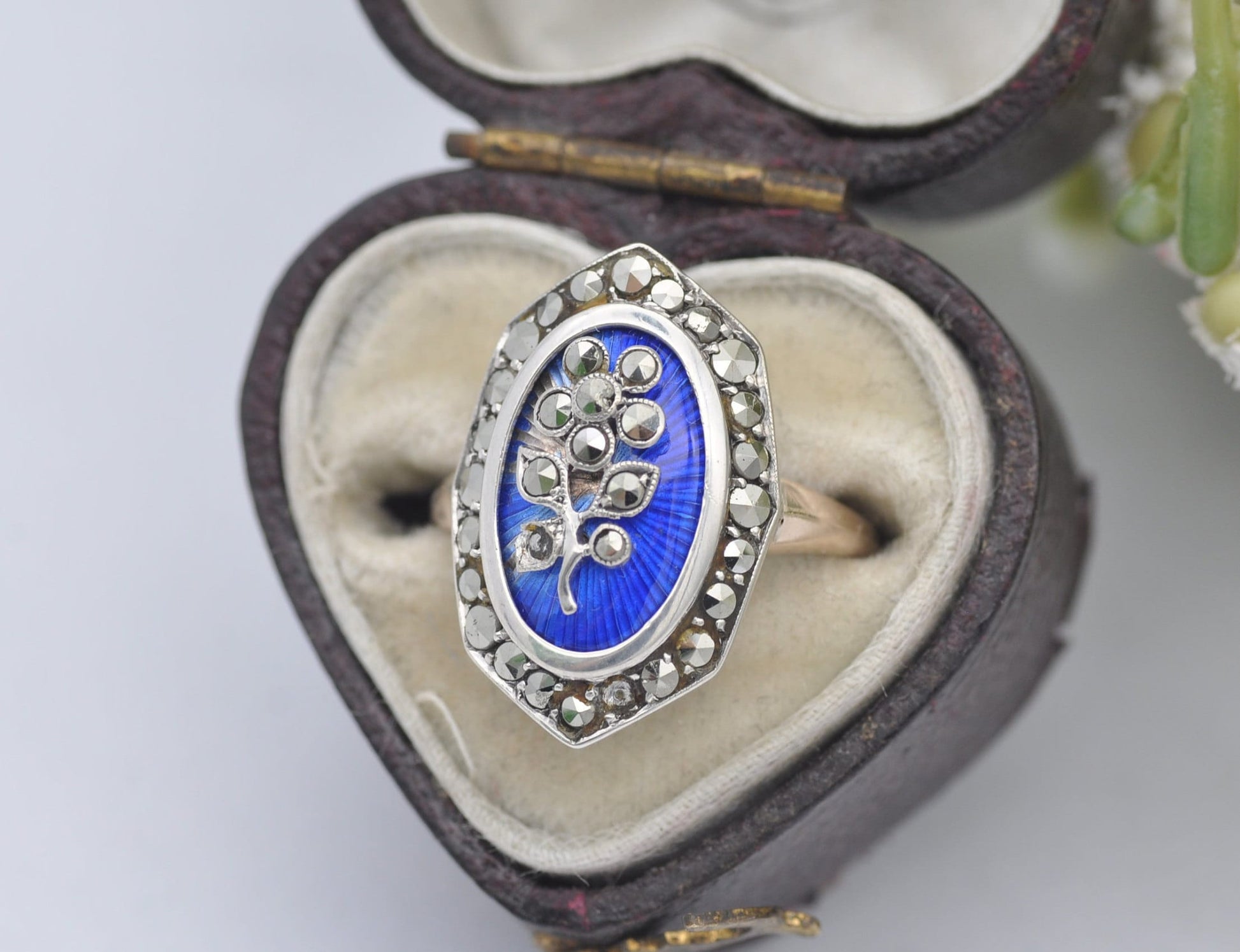 Antique Victorian 9ct Gold and Silver Flower Ring with Marcasite & Blue Enamel | UK Size - E 1/2 | US Size - 2 3/4