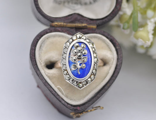 Antique Victorian 9ct Gold and Silver Flower Ring with Marcasite & Blue Enamel | UK Size - E 1/2 | US Size - 2 3/4