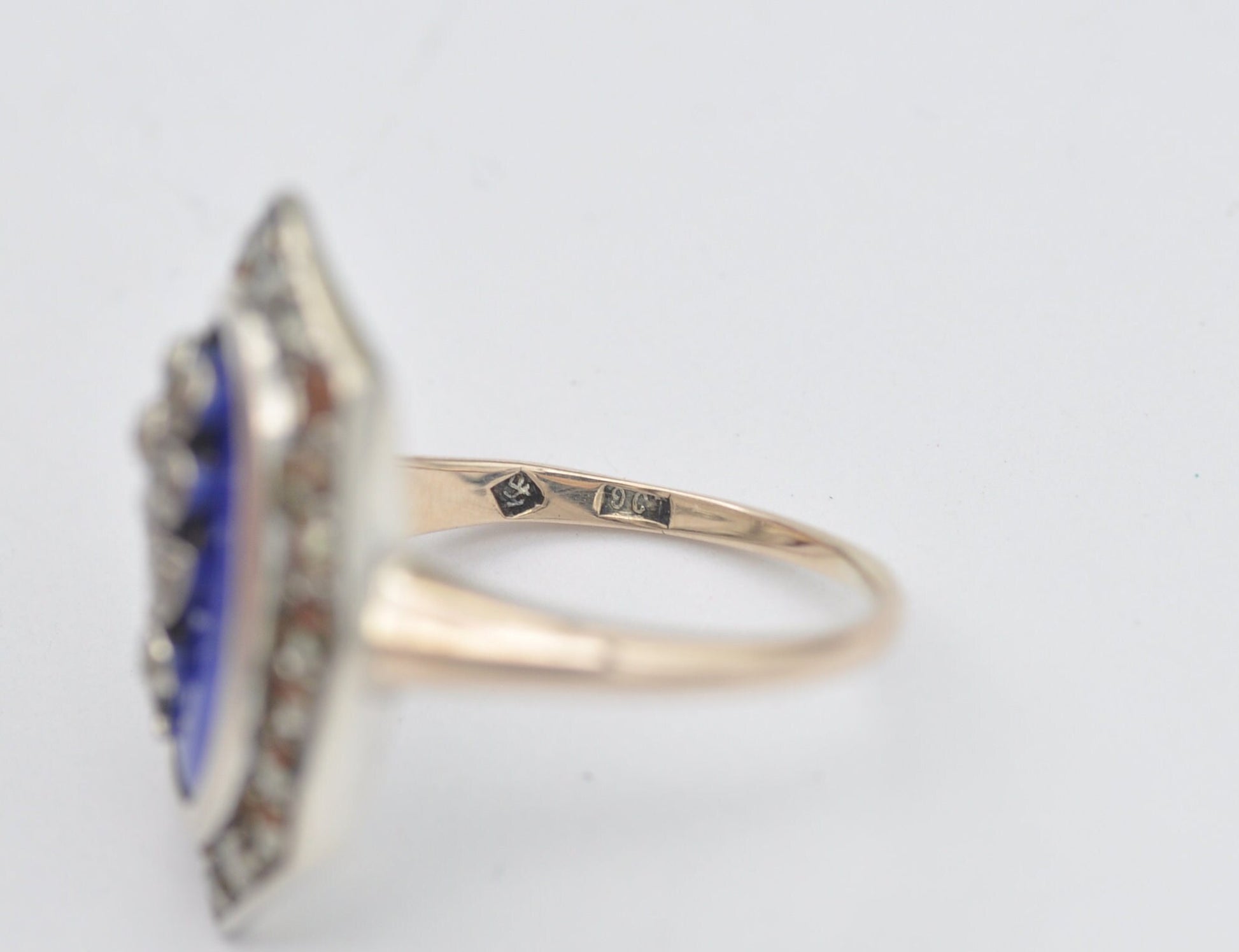 Antique Victorian 9ct Gold and Silver Flower Ring with Marcasite & Blue Enamel | UK Size - E 1/2 | US Size - 2 3/4