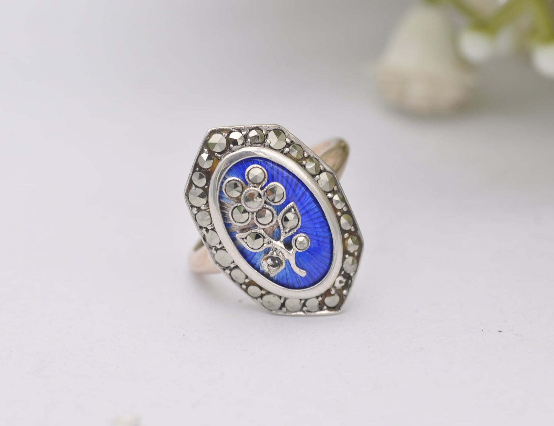 Antique Victorian 9ct Gold and Silver Flower Ring with Marcasite & Blue Enamel | UK Size - E 1/2 | US Size - 2 3/4