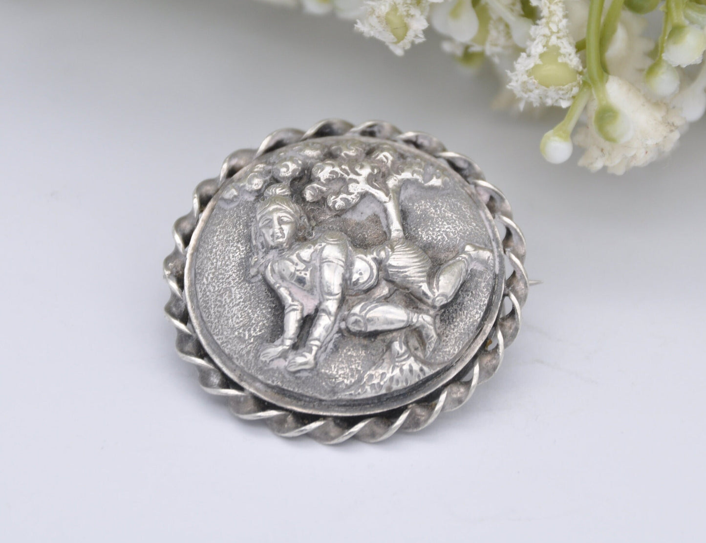 Antique Sterling Silver Indian Goddess Brooch - Repousse Tree and God