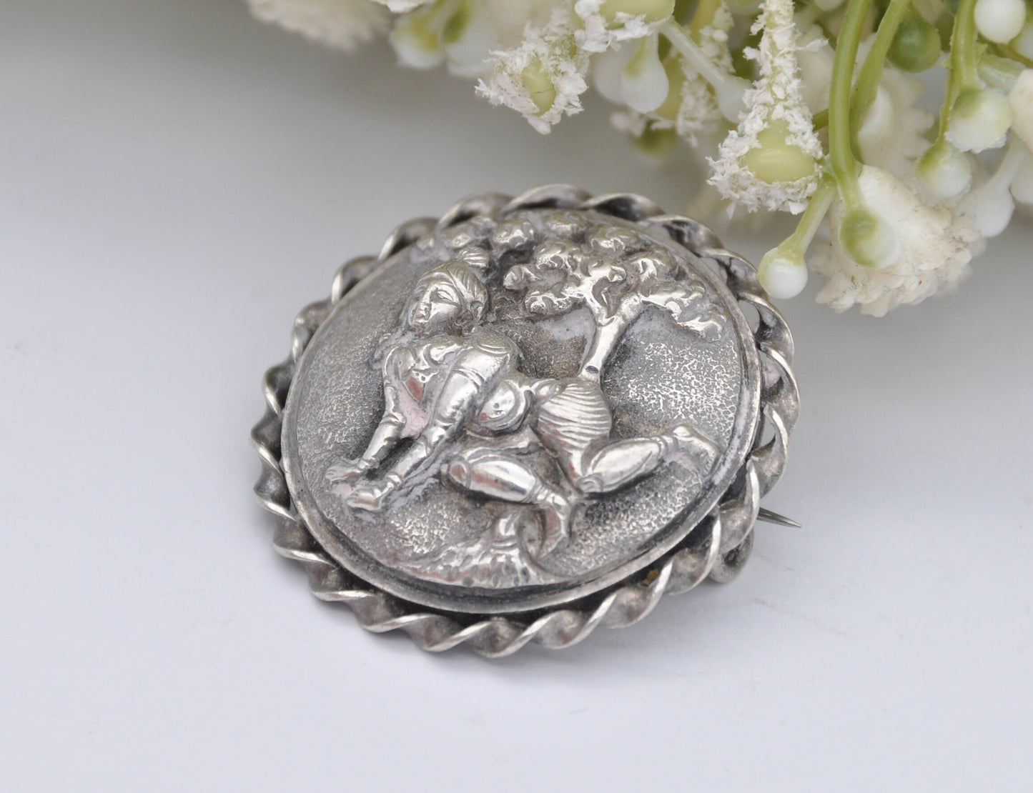 Antique Sterling Silver Indian Goddess Brooch - Repousse Tree and God