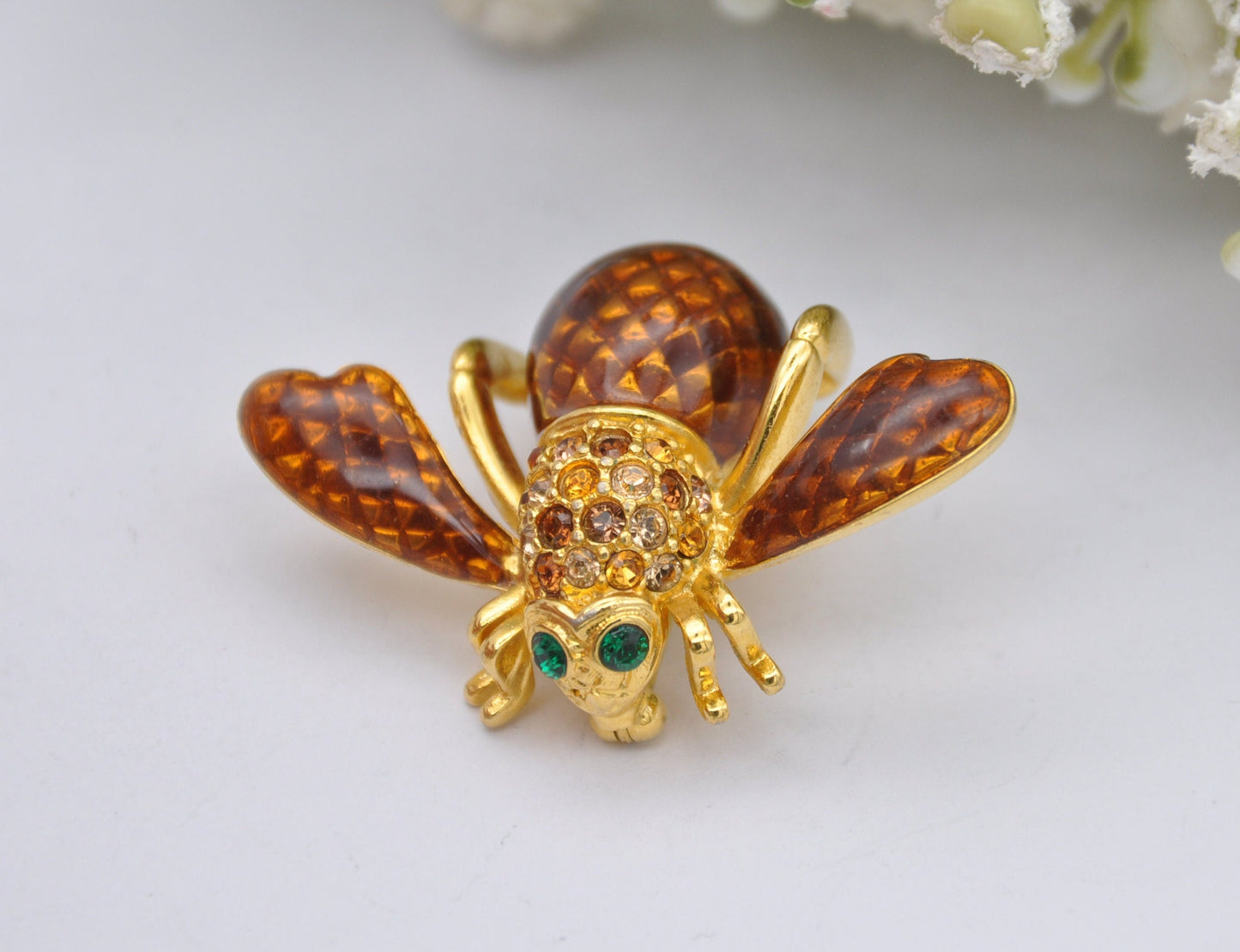 Vintage Joan Rivers Bee Brooch - Gold Tone Brown Enamel and Rhinestone Flying Bug