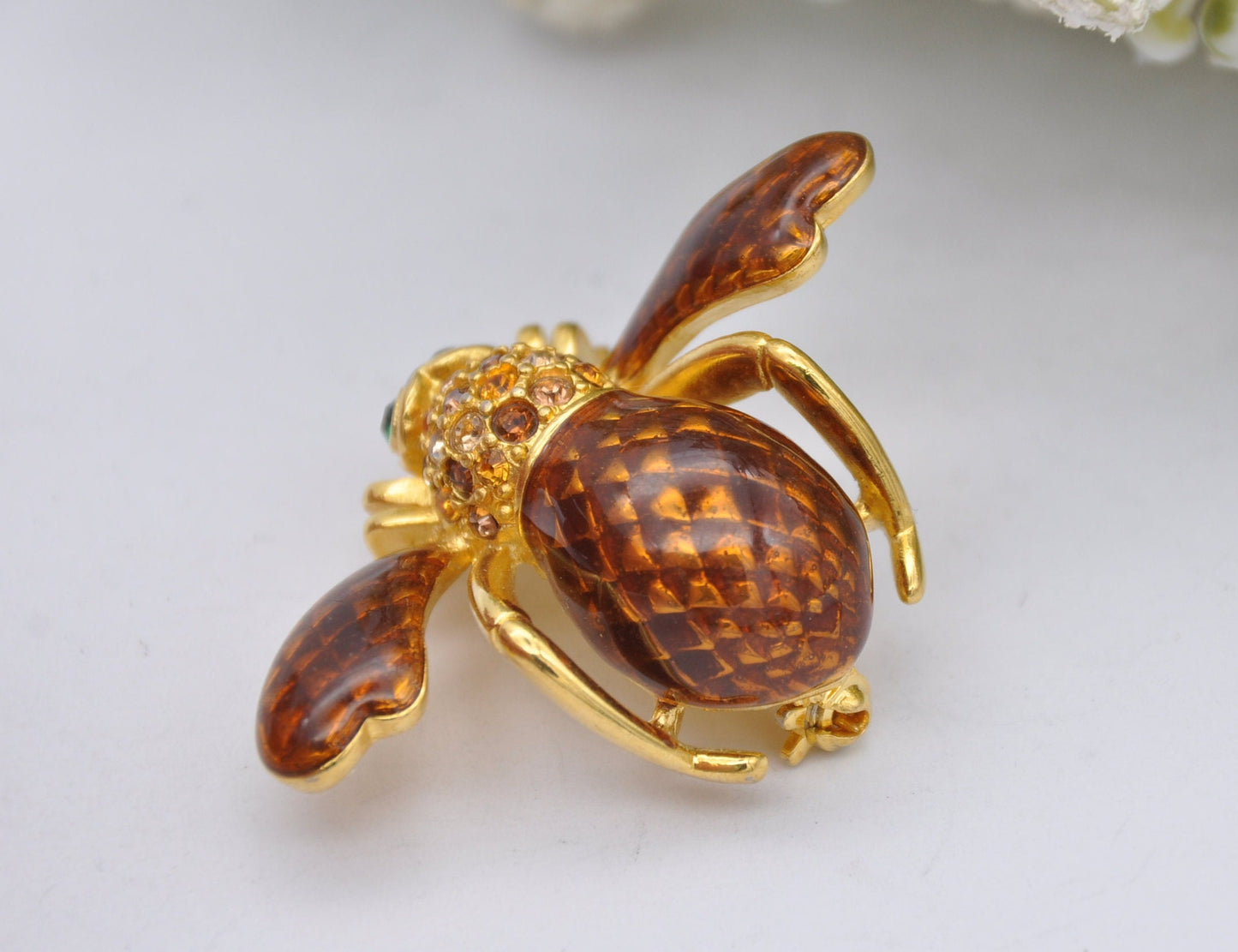 Vintage Joan Rivers Bee Brooch - Gold Tone Brown Enamel and Rhinestone Flying Bug