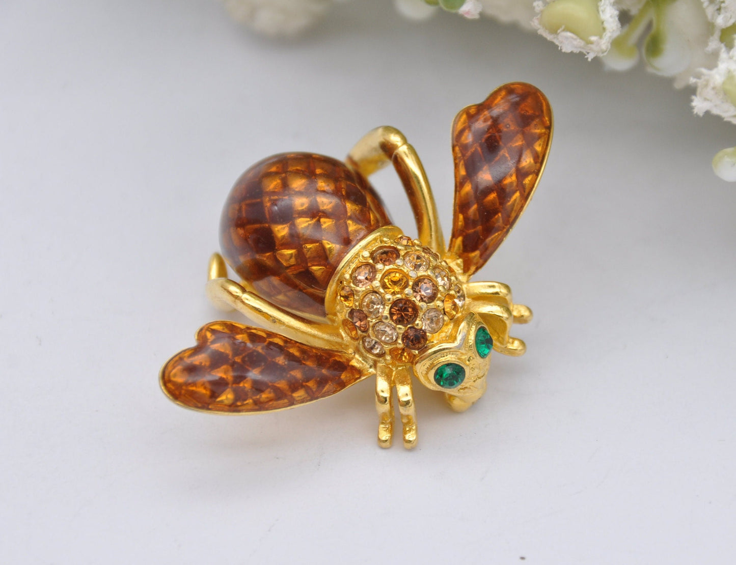 Vintage Joan Rivers Bee Brooch - Gold Tone Brown Enamel and Rhinestone Flying Bug