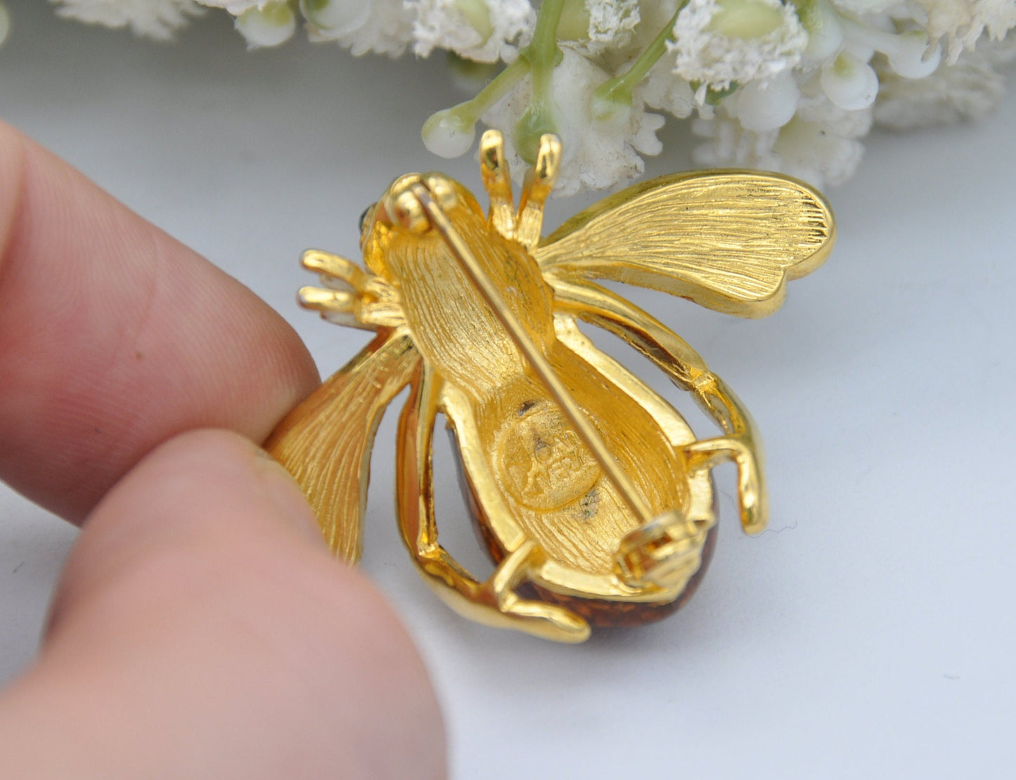 Vintage Joan Rivers Bee Brooch - Gold Tone Brown Enamel and Rhinestone Flying Bug