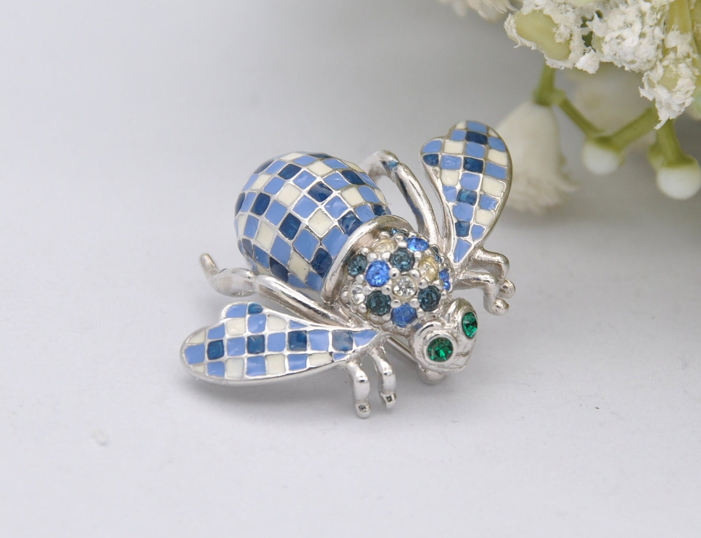 Vintage Joan Rivers Bee Brooch - Silver Tone Blue Enamel and Rhinestone Flying Bug