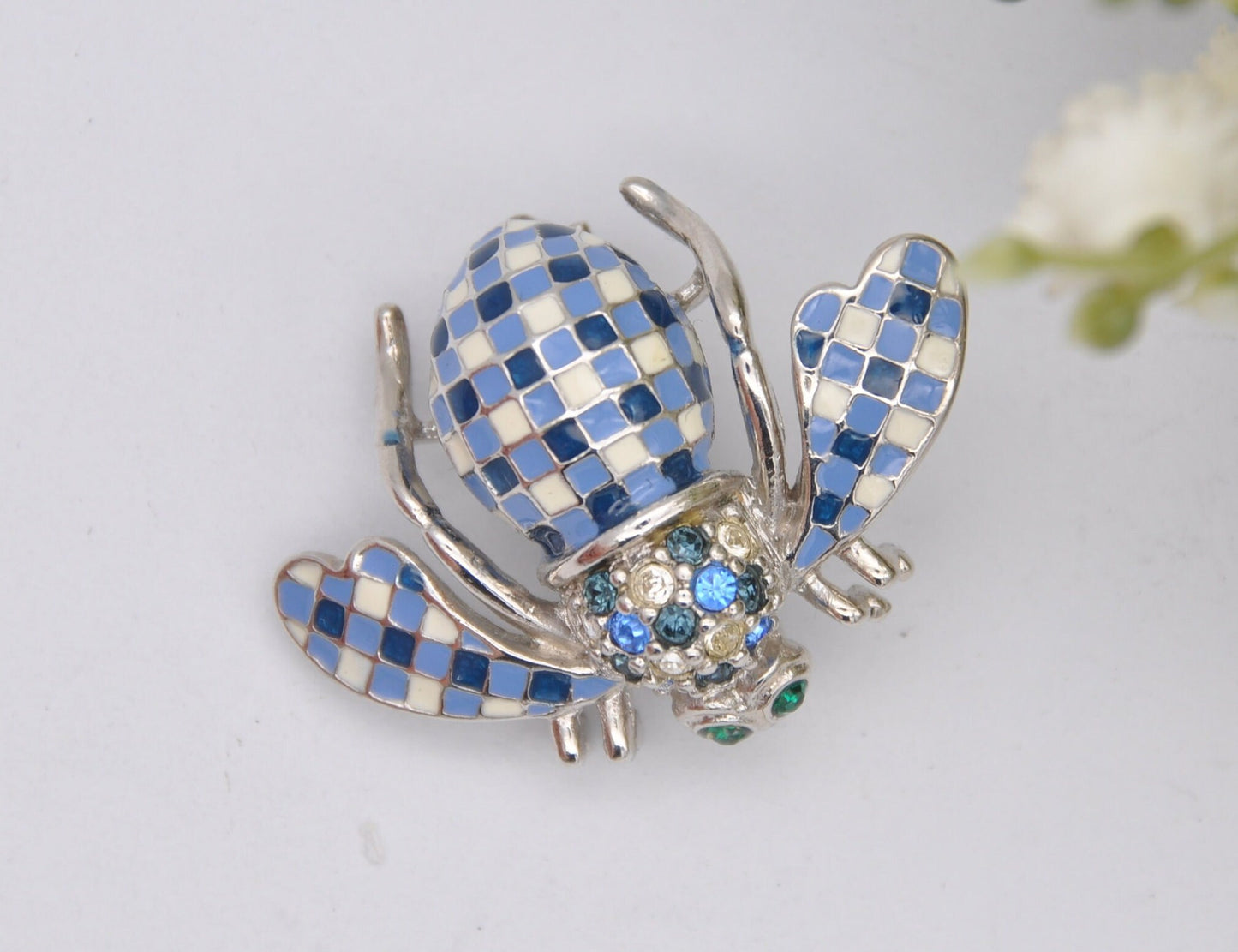 Vintage Joan Rivers Bee Brooch - Silver Tone Blue Enamel and Rhinestone Flying Bug