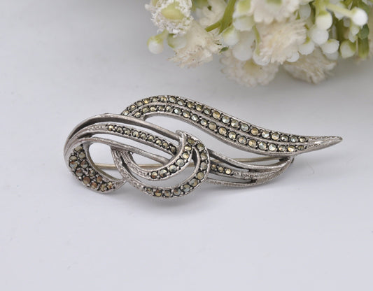 Vintage Sterling Silver Marcasite Brooch - Rhodium Plated / Art Deco Style