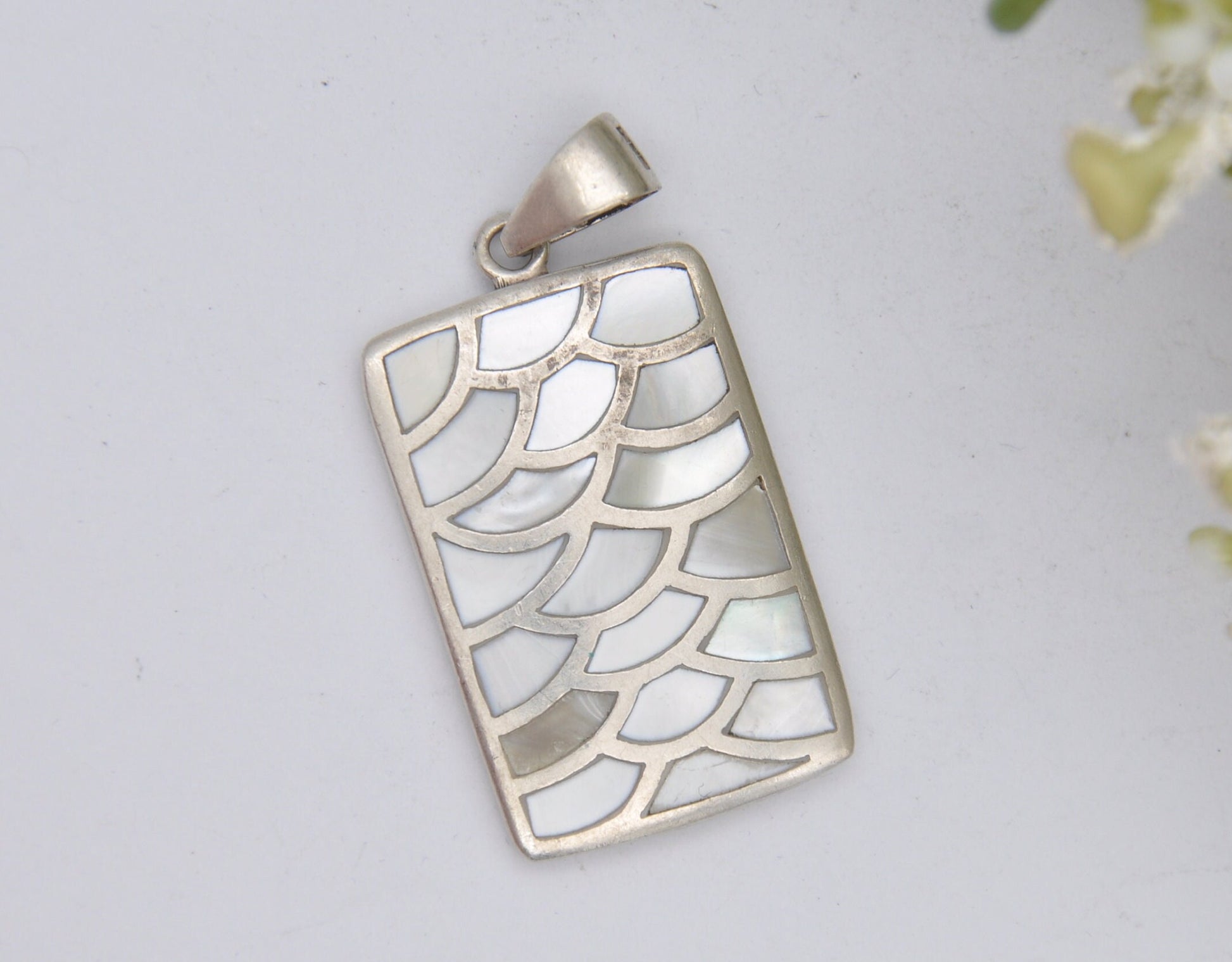 Vintage Sterling Silver Mother of Pearl Pendant - Fish Scales Pattern