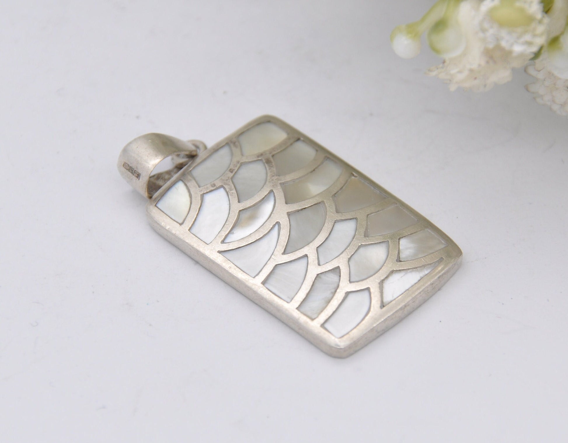 Vintage Sterling Silver Mother of Pearl Pendant - Fish Scales Pattern