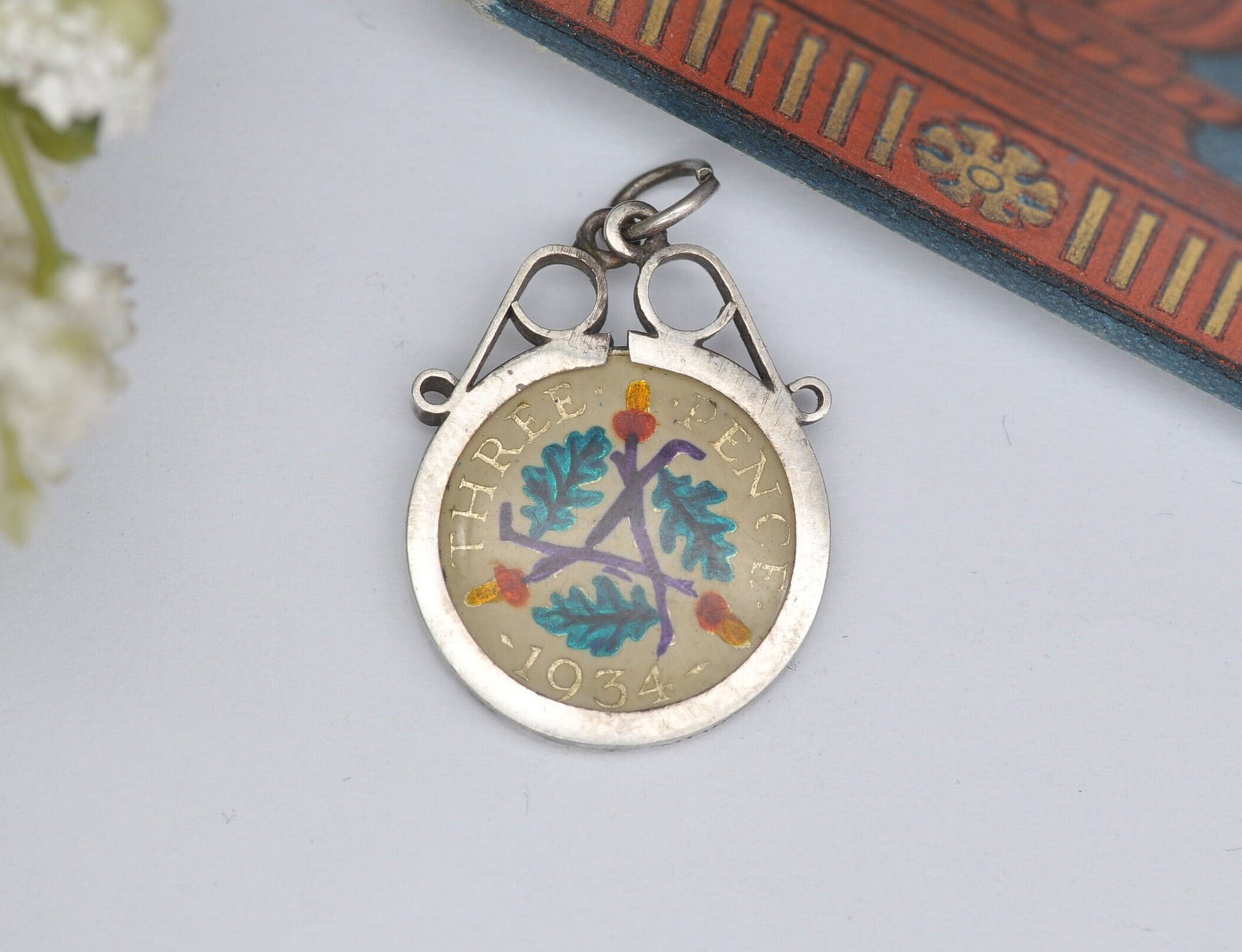 Vintage Silver George V Three Pence Coin Pendant, 1934 - Gold Plated Enamelled Coin