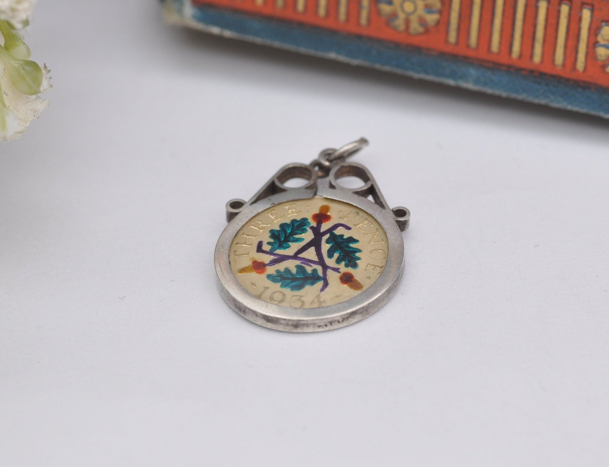 Vintage Silver George V Three Pence Coin Pendant, 1934 - Gold Plated Enamelled Coin