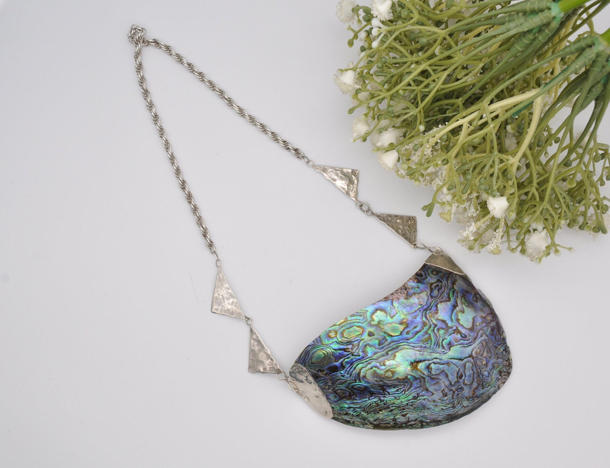 Vintage Sterling Silver Abalone Necklace 1987 - Mid-Century Design | Large Paua Shell