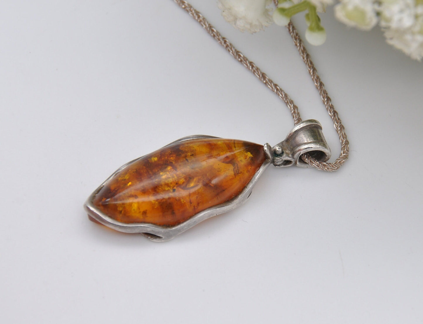 Sterling Silver and Amber Necklace - Baltic Amber Pendant | Marquis Shaped