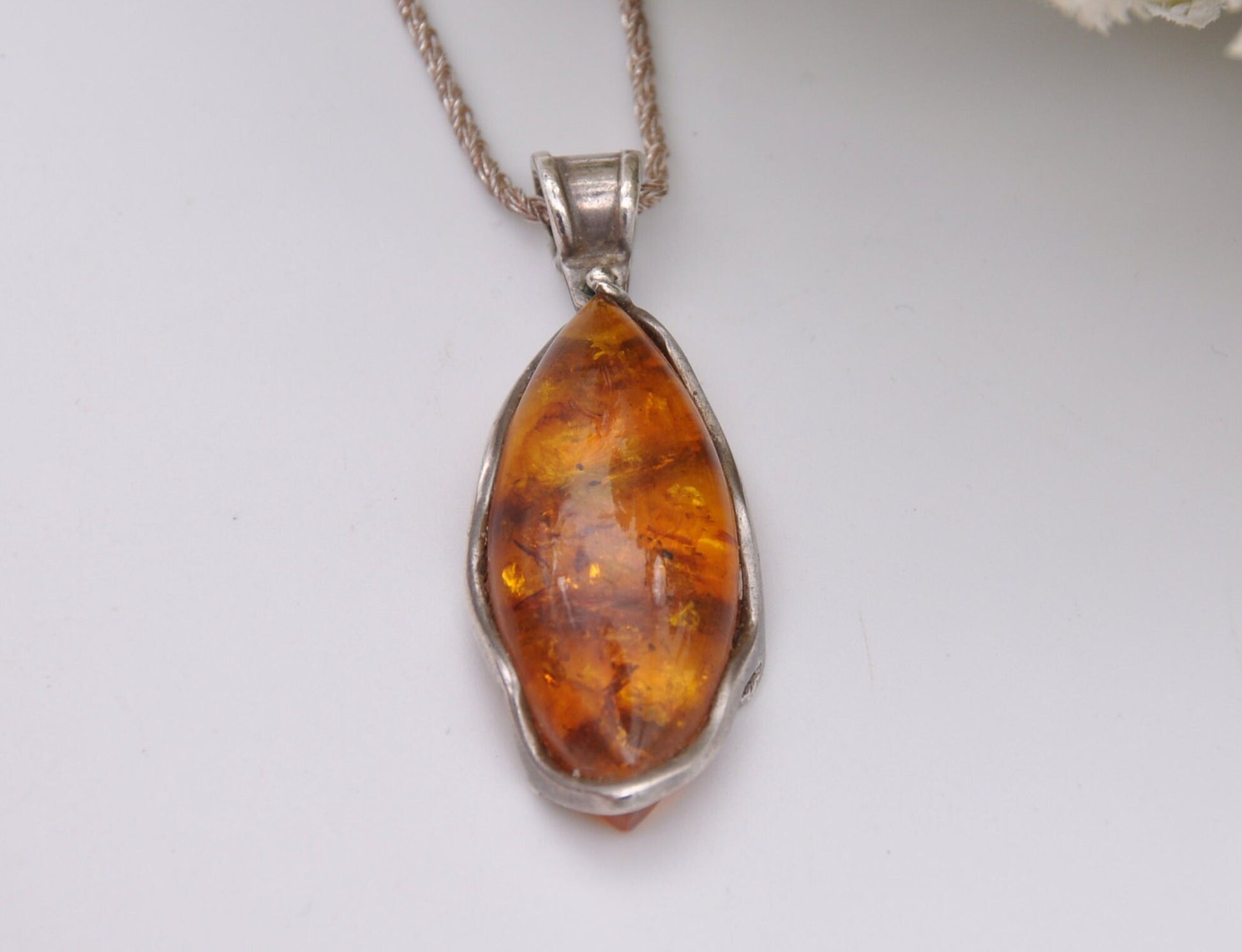 Sterling Silver and Amber Necklace - Baltic Amber Pendant | Marquis Shaped