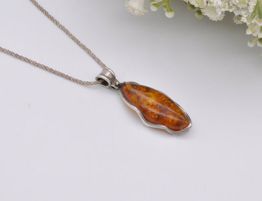 Sterling Silver and Amber Necklace - Baltic Amber Pendant | Marquis Shaped