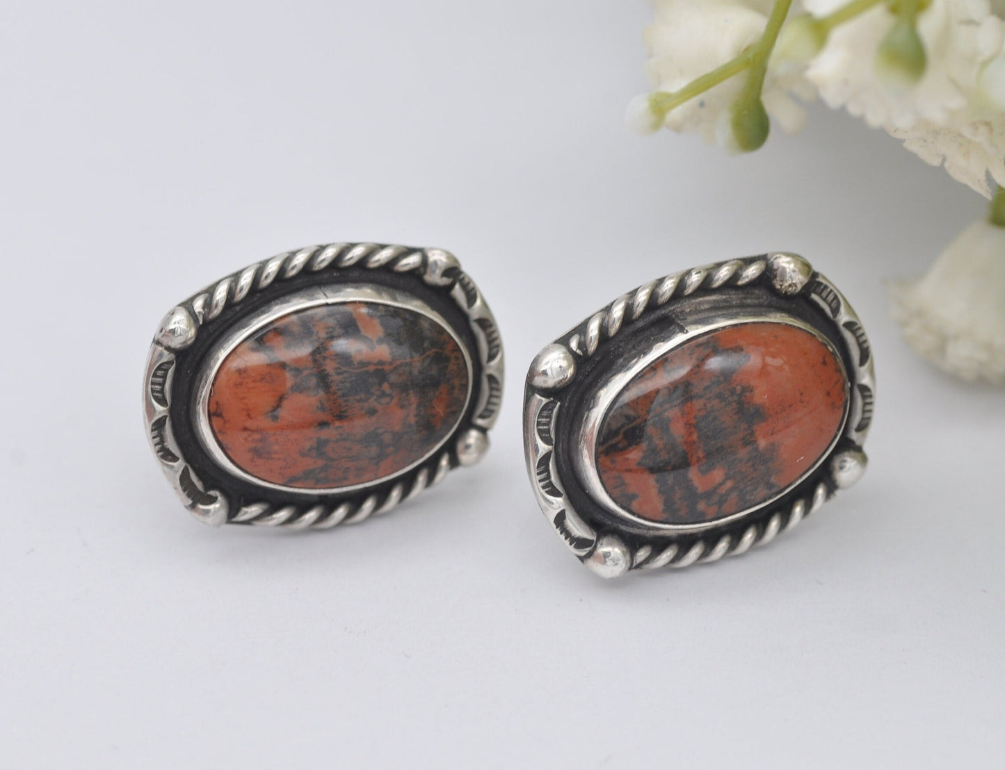 Vintage Sterling Silver Screw-Back Earrings - Handmade Statement Clip Ons | Red Jasper Hard Gemstone