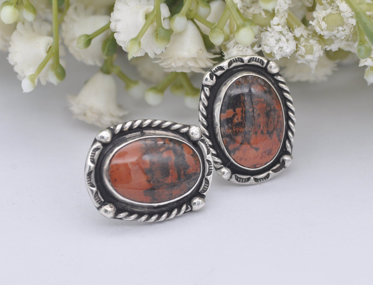 Vintage Sterling Silver Screw-Back Earrings - Handmade Statement Clip Ons | Red Jasper Hard Gemstone