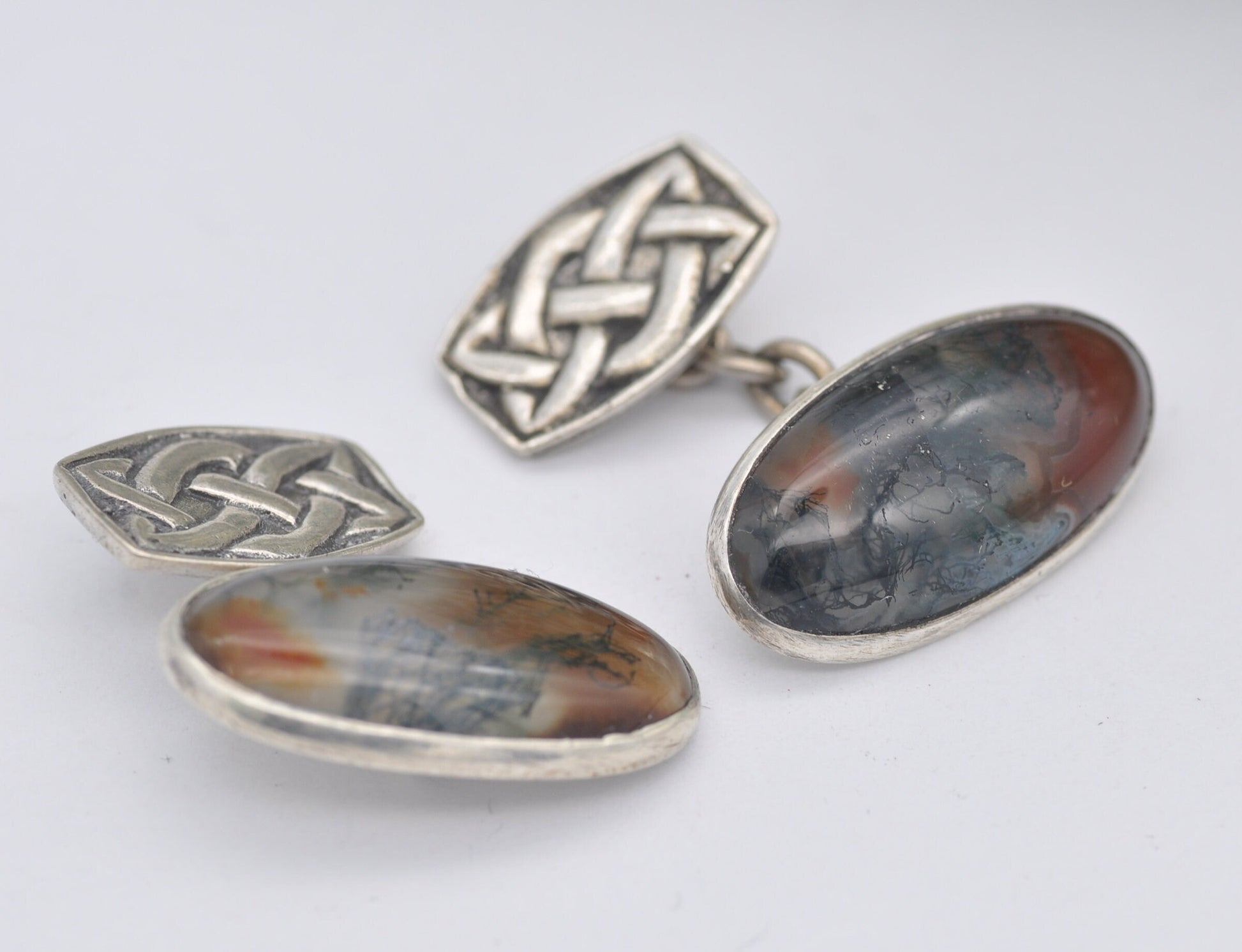Vintage Celtic Sterling Silver Moss Agate Cuff Links - Celtic Knot Jewellery