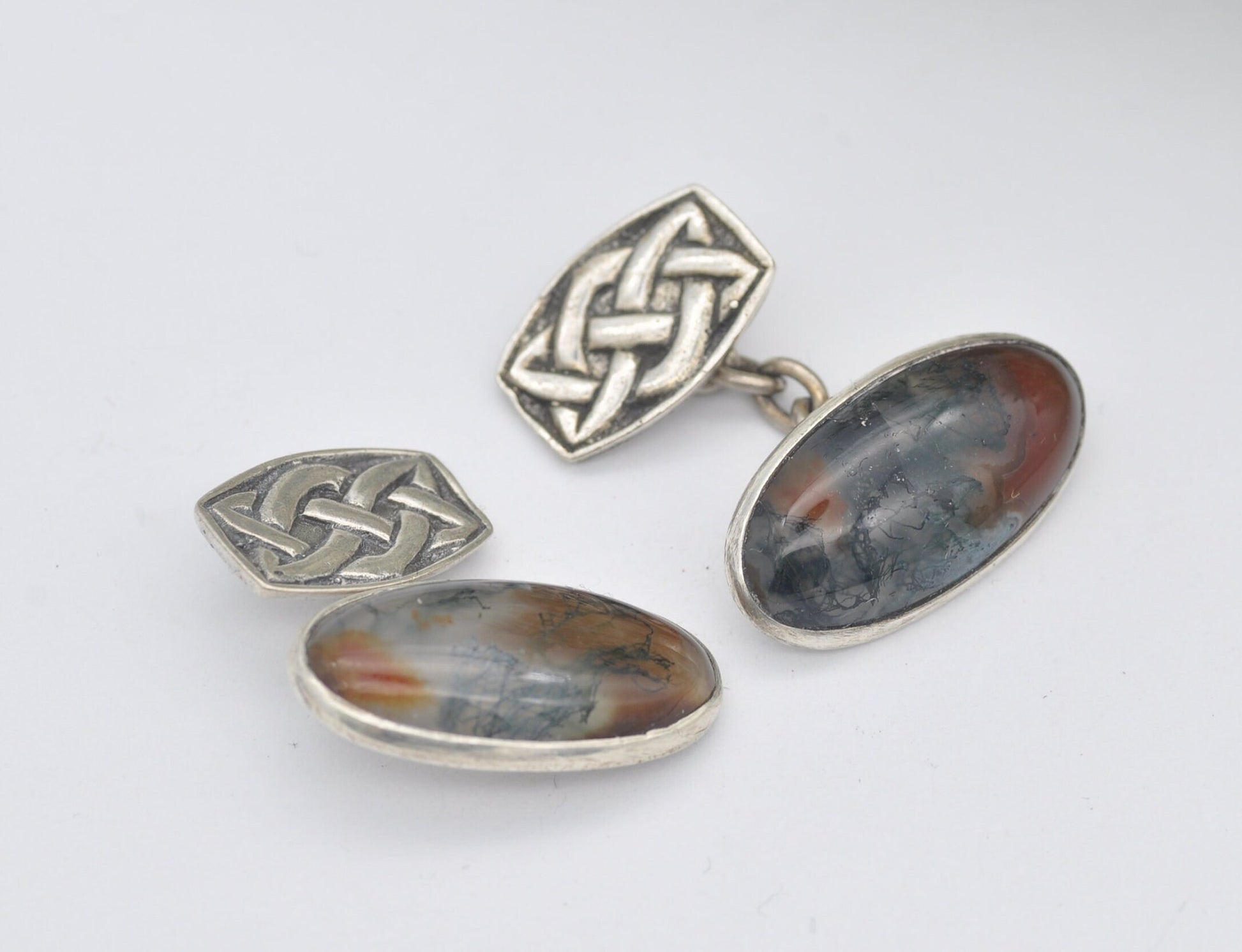 Vintage Celtic Sterling Silver Moss Agate Cuff Links - Celtic Knot Jewellery