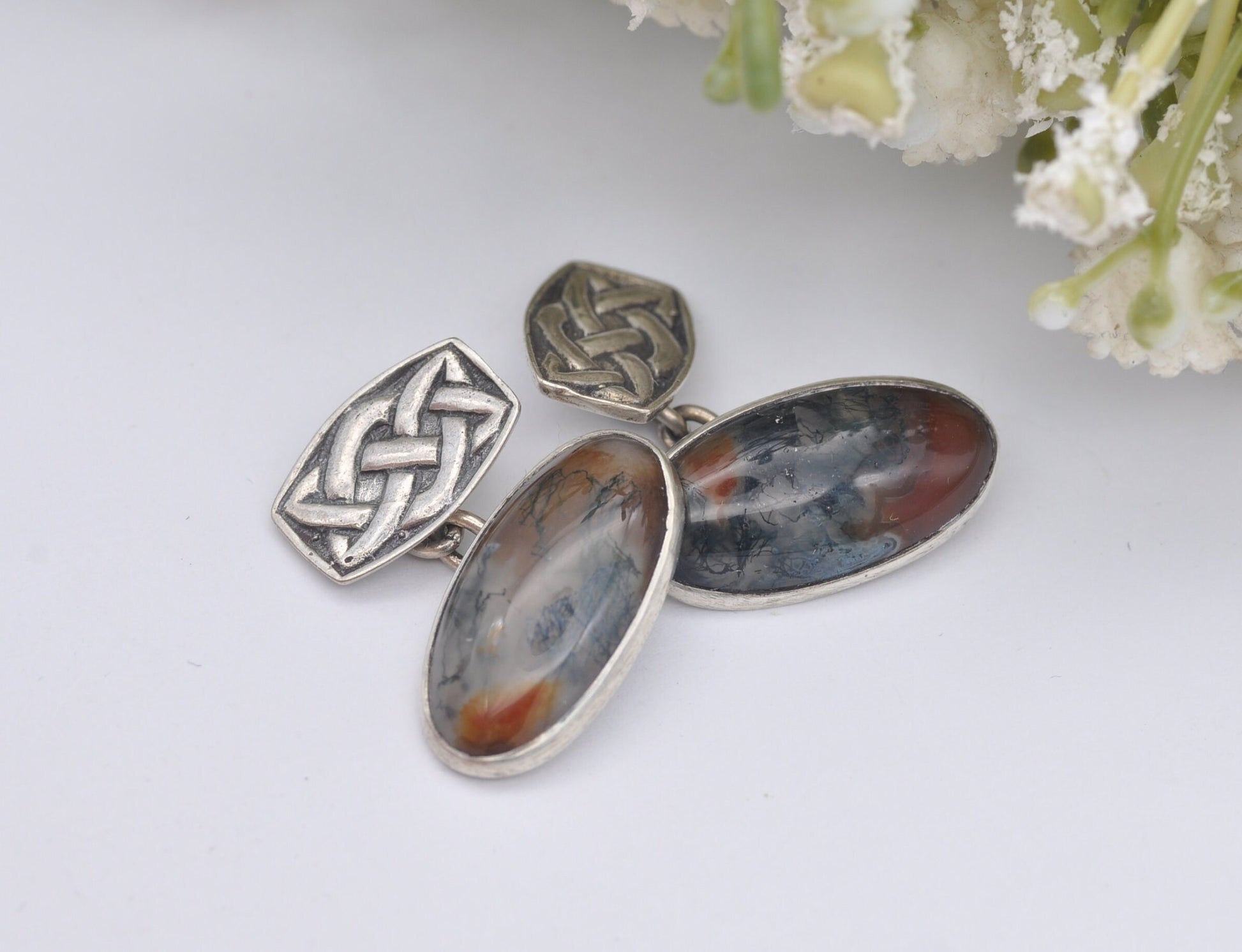 Vintage Celtic Sterling Silver Moss Agate Cuff Links - Celtic Knot Jewellery