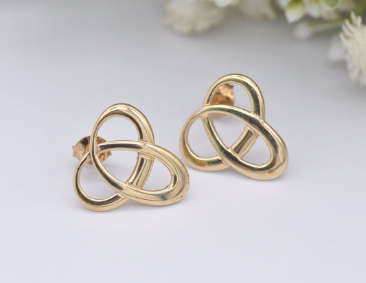 Ola Gorie Tudor Large Stud Earrings 9ct Gold - OMG | Hallmarked Edinburgh 375 | Large Statement Gold Earring | Triquetra Celtic Trinity Knot