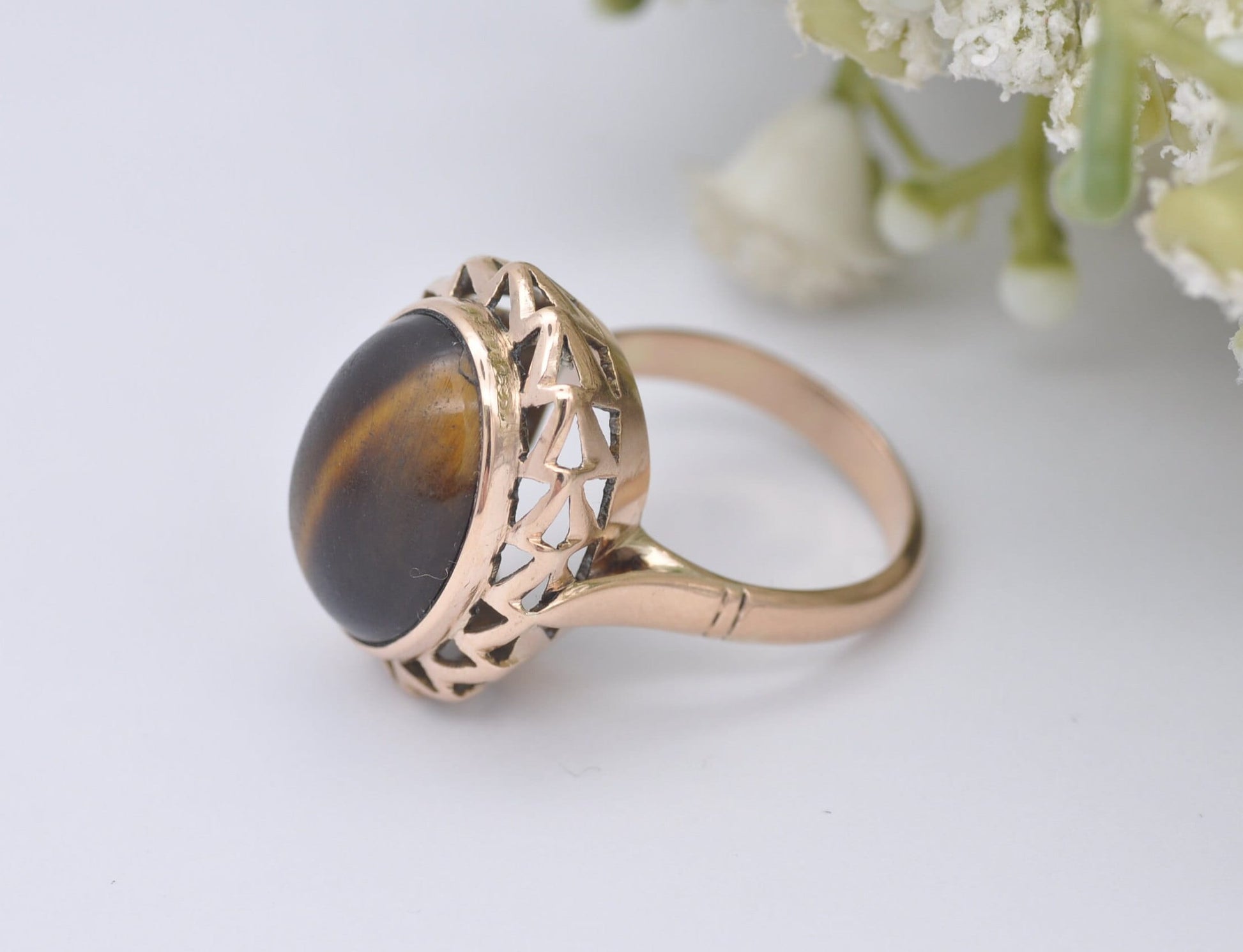 Vintage Mid-Century 14ct Gold Tiger's Eye Statement Ring - UK Size - M / US Size - 6 1/4