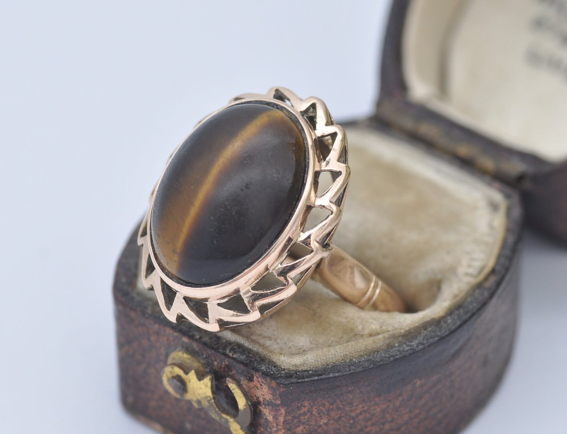 Vintage Mid-Century 14ct Gold Tiger's Eye Statement Ring - UK Size - M / US Size - 6 1/4