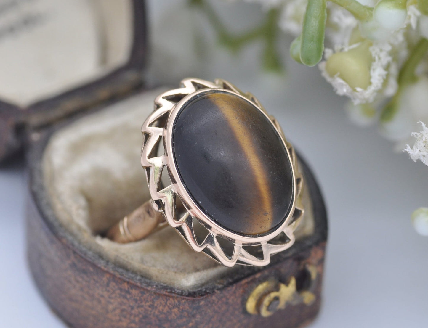 Vintage Mid-Century 14ct Gold Tiger's Eye Statement Ring - UK Size - M / US Size - 6 1/4