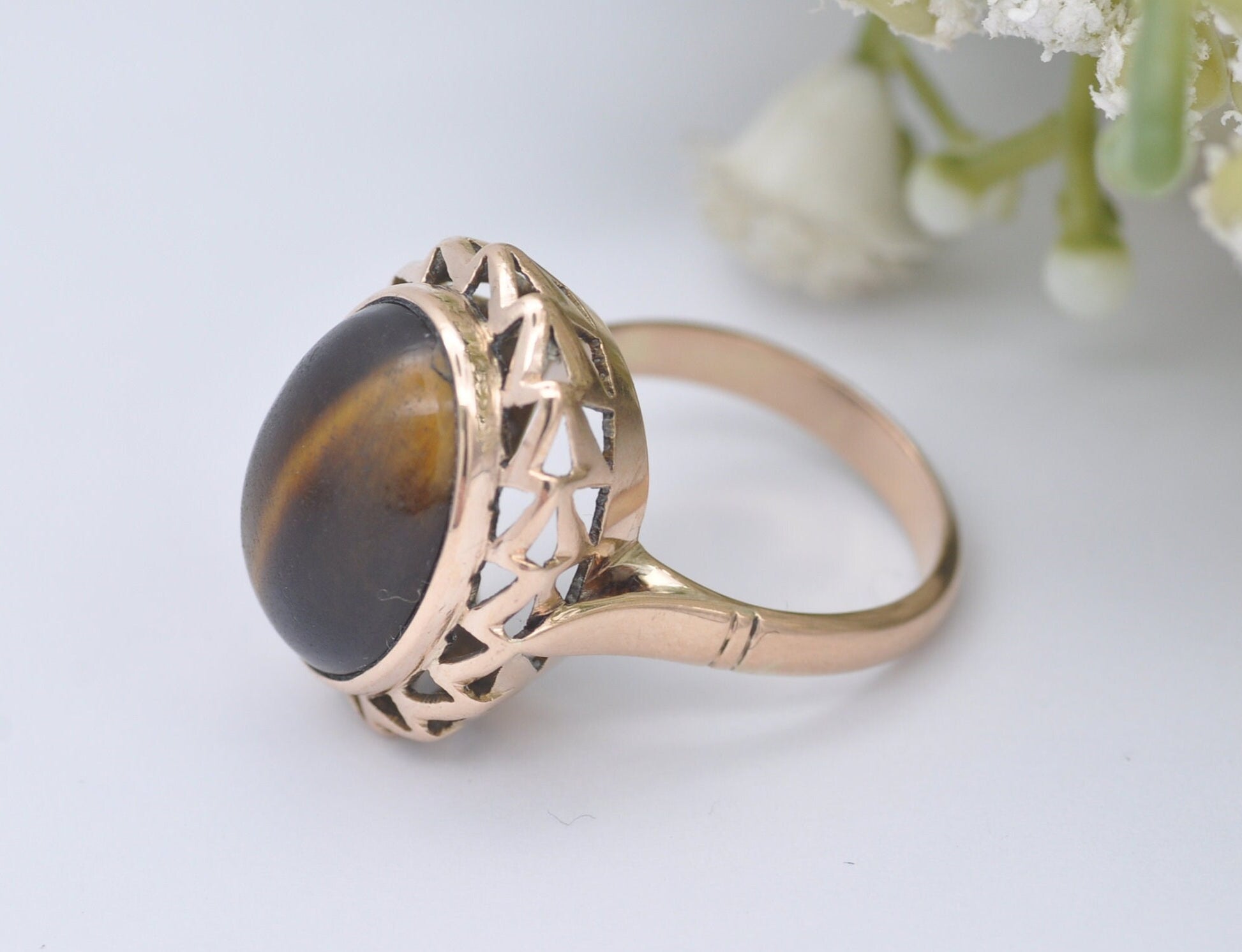 Vintage Mid-Century 14ct Gold Tiger's Eye Statement Ring - UK Size - M / US Size - 6 1/4