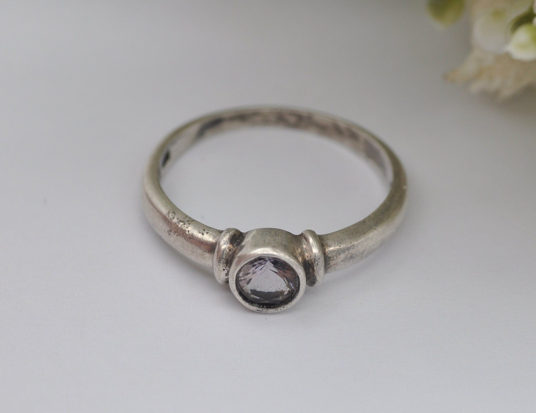 Silver Amethyst Solitaire Ring - Bezel / 925 Sterling / Round Faceted Amethyst Stone / Minimalist Style / UK Size - P 1/2 / US Size - 7 3/4