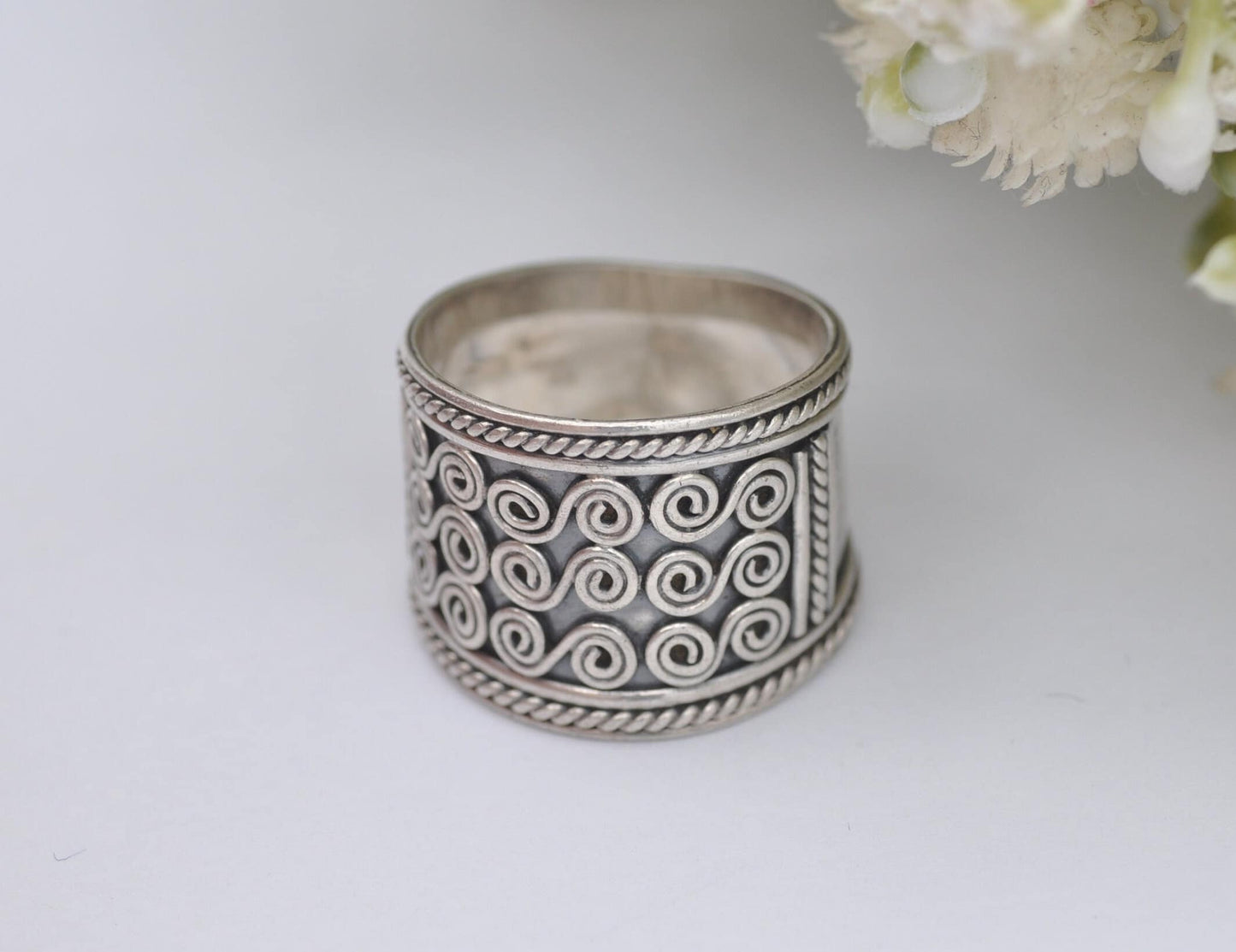 Silver Filigree Band Ring - India Ring | 925 Sterling Silver | Swirl Design | Chunky Twist Wave | Small Size | UK Size - M | US Size - 6 1/4