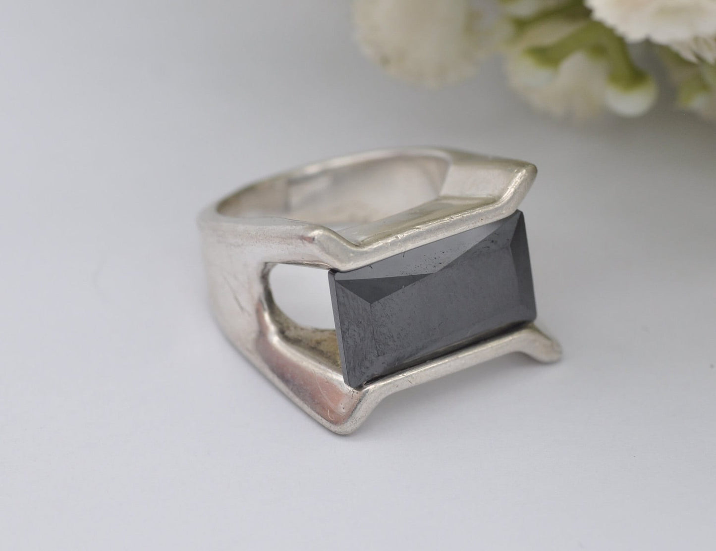 Silver Hematite Ring Vintage 1970s Mid-Century - European 935 Silver | Rectangular Gemstone | Large Chunky | UK Size - N | US Size - 6 3/4