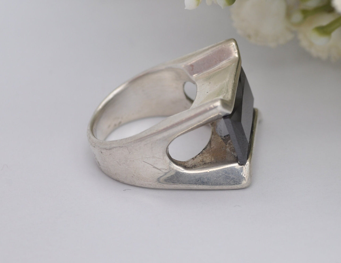 Silver Hematite Ring Vintage 1970s Mid-Century - European 935 Silver | Rectangular Gemstone | Large Chunky | UK Size - N | US Size - 6 3/4