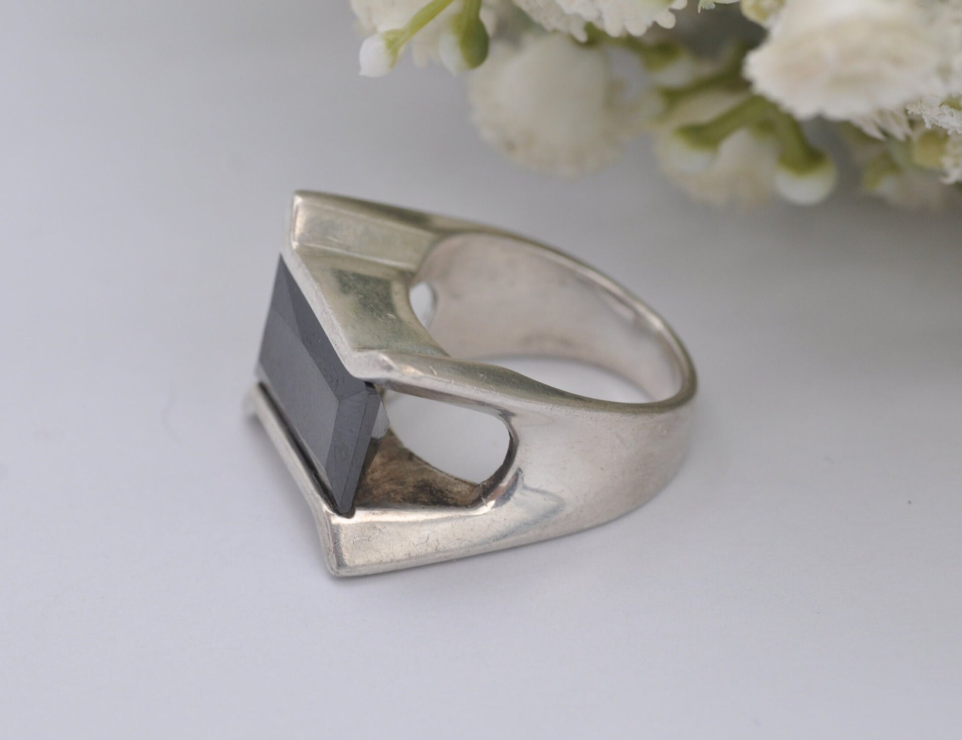 Silver Hematite Ring Vintage 1970s Mid-Century - European 935 Silver | Rectangular Gemstone | Large Chunky | UK Size - N | US Size - 6 3/4