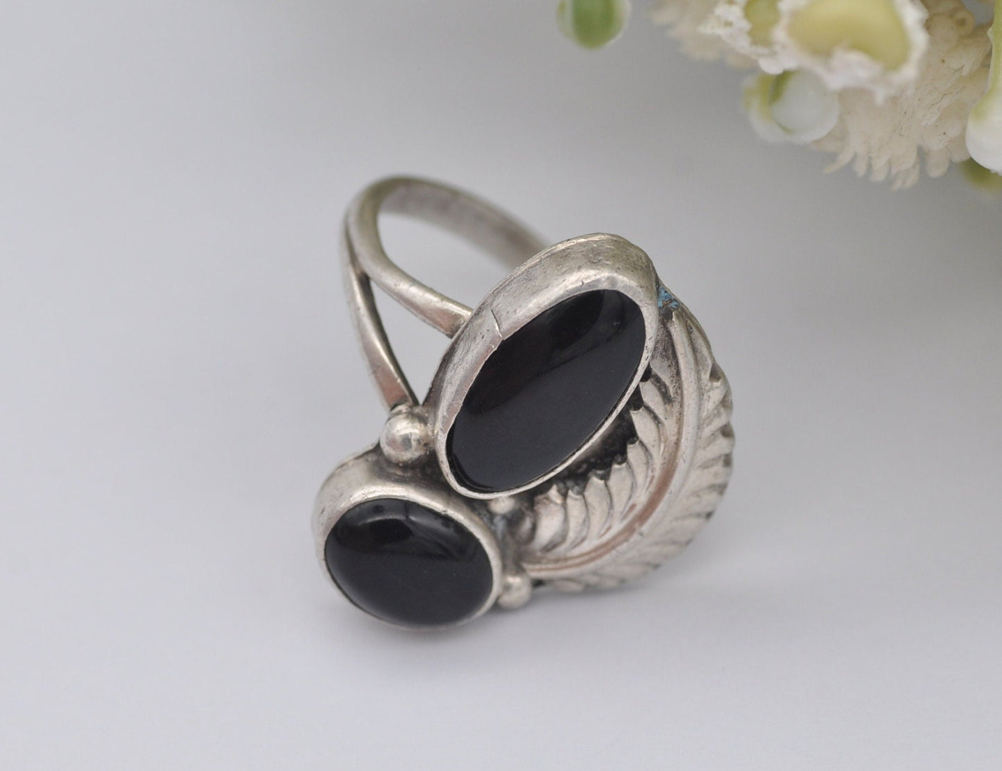 Vintage Navajo Sterling Silver Onyx Ring by Arnold Maloney - Double Onyx Feather / Ornate Cocktail / Black Stone / UK Size - O / US Size - 7