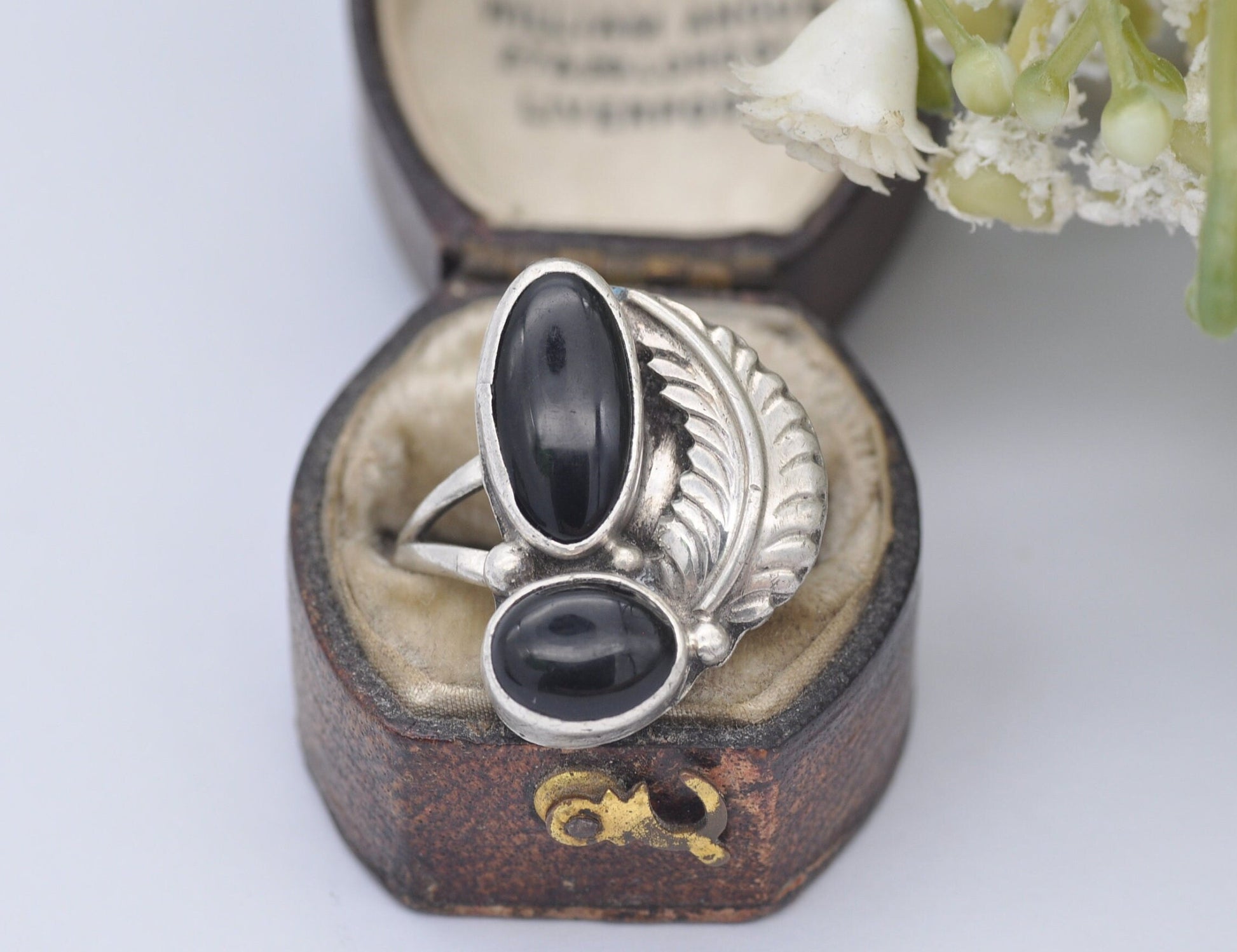 Vintage Navajo Sterling Silver Onyx Ring by Arnold Maloney - Double Onyx Feather / Ornate Cocktail / Black Stone / UK Size - O / US Size - 7