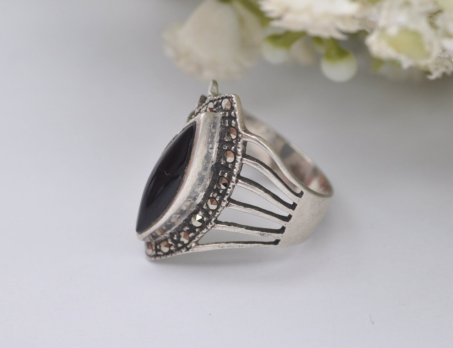 Silver Onyx and Marcasite Ring - Vintage Art Deco Style / 925 Sterling Silver / Open Work Chunky / Marquise / UK Size - K / US Size - 5 1/4