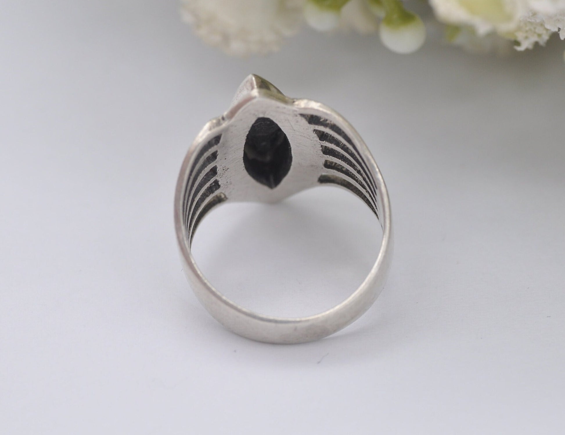 Silver Onyx and Marcasite Ring - Vintage Art Deco Style / 925 Sterling Silver / Open Work Chunky / Marquise / UK Size - K / US Size - 5 1/4