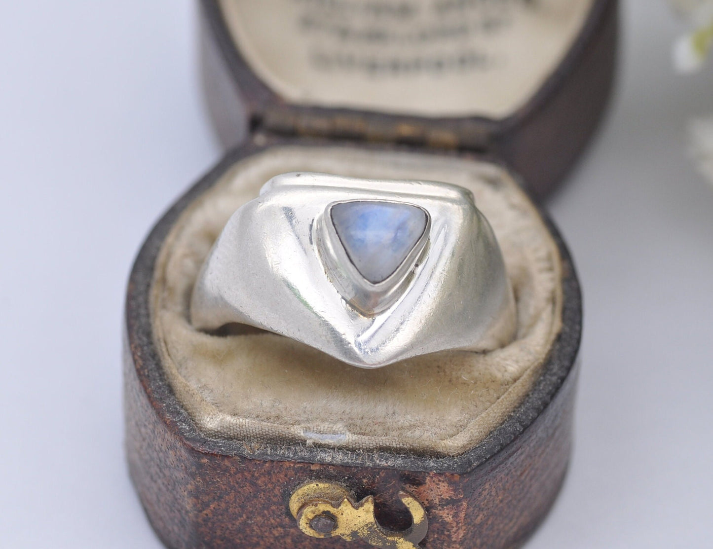 Silver Moonstone Ring Vintage Studio Design - Triangle Cabochon Gemstone | Modernist | Statement Minimal | UK Size - O 1/2 | US Size - 7 1/4