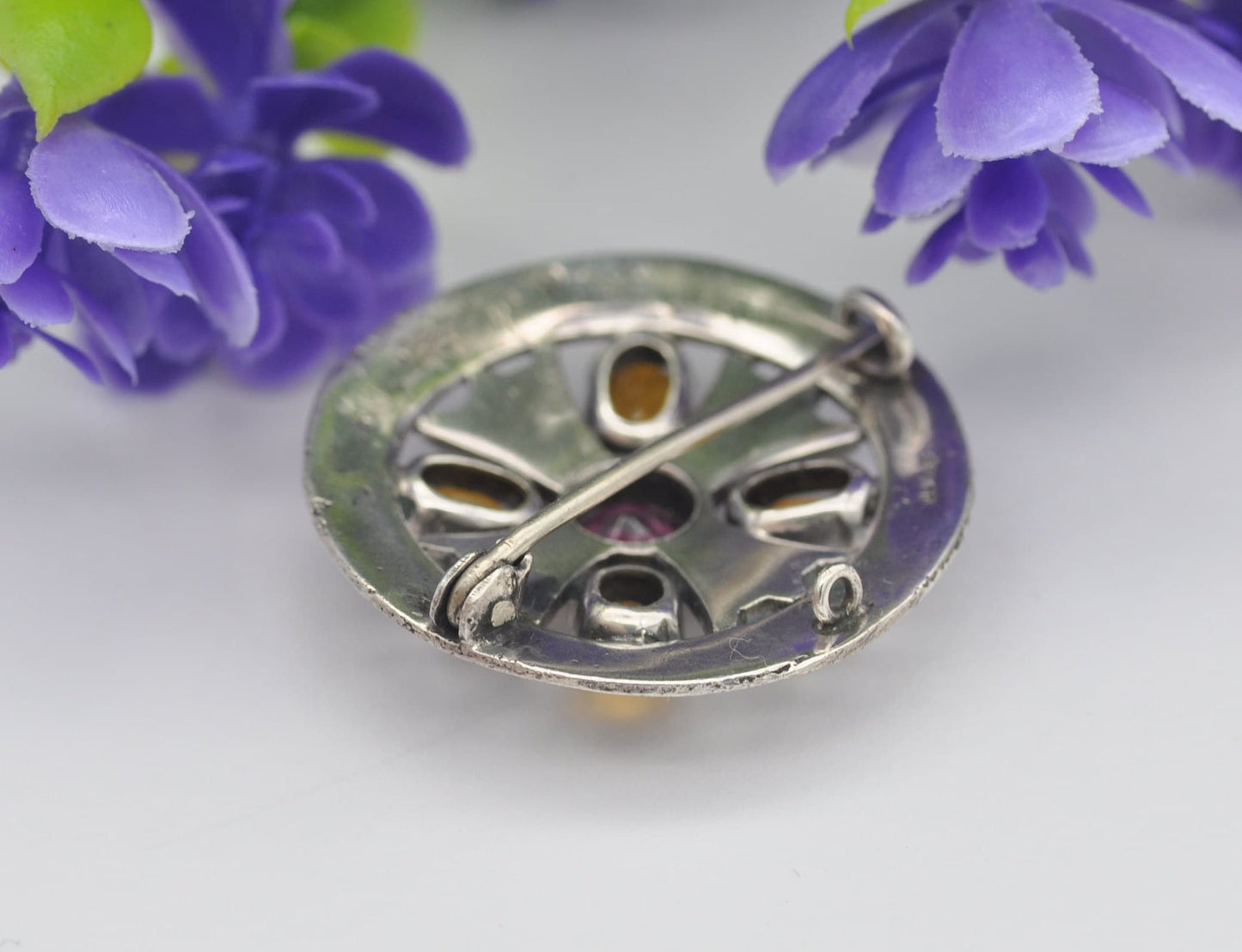 Antique Scottish Sterling Silver Amethyst & Citrine Paste Brooch