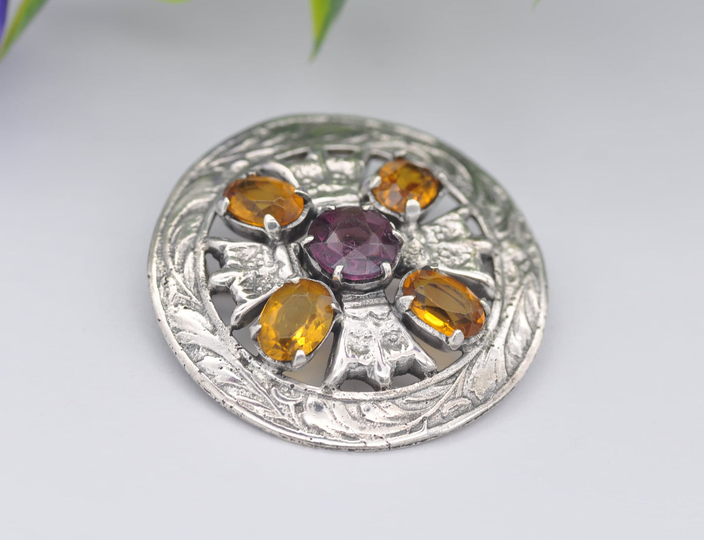 Antique Scottish Sterling Silver Amethyst & Citrine Paste Brooch