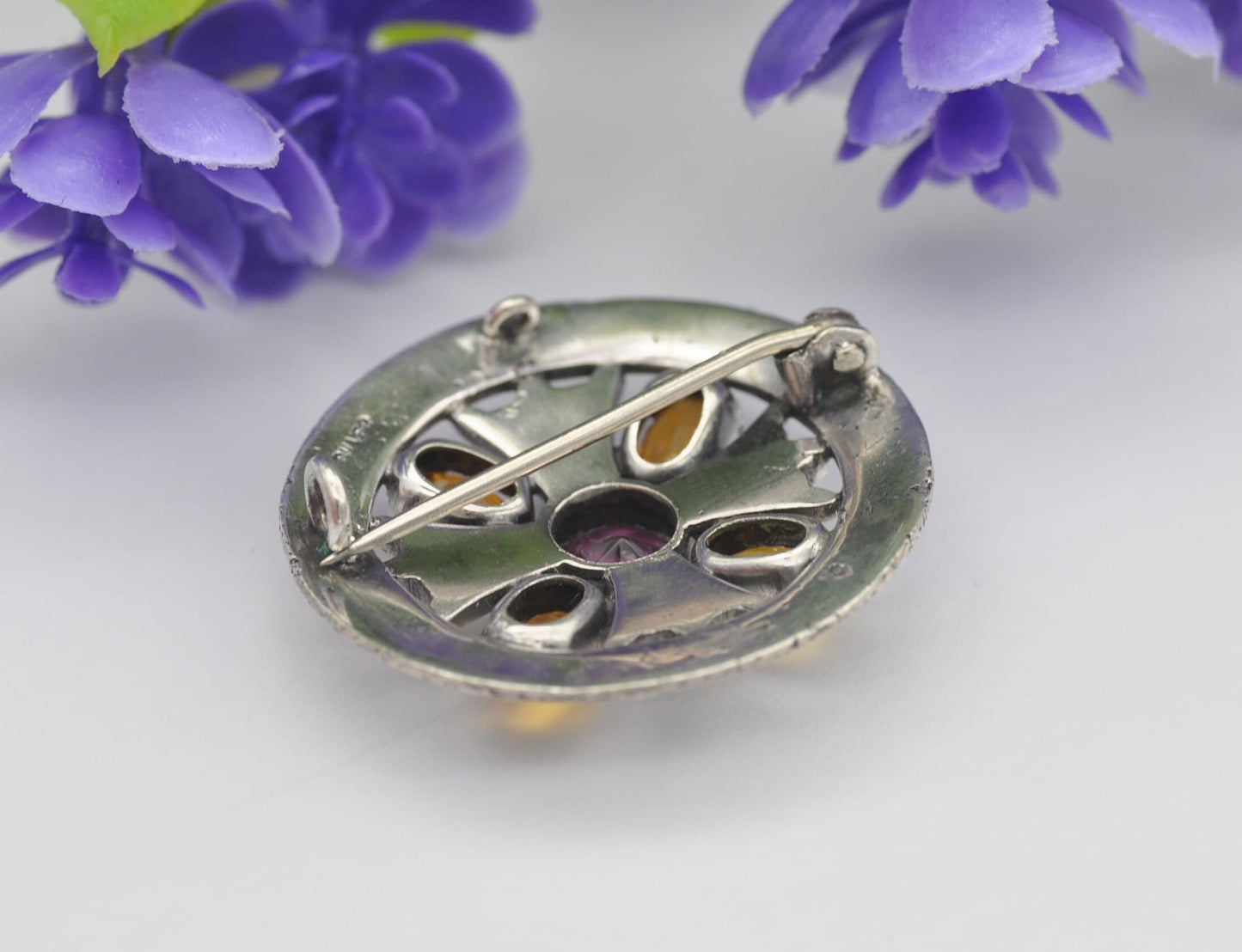 Antique Scottish Sterling Silver Amethyst & Citrine Paste Brooch