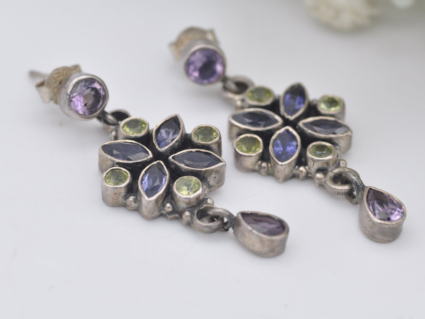 Vintage Sterling Silver Multi-Gemstone Dangle Earrings - Iolite Peridot Amethyst | Flower Design