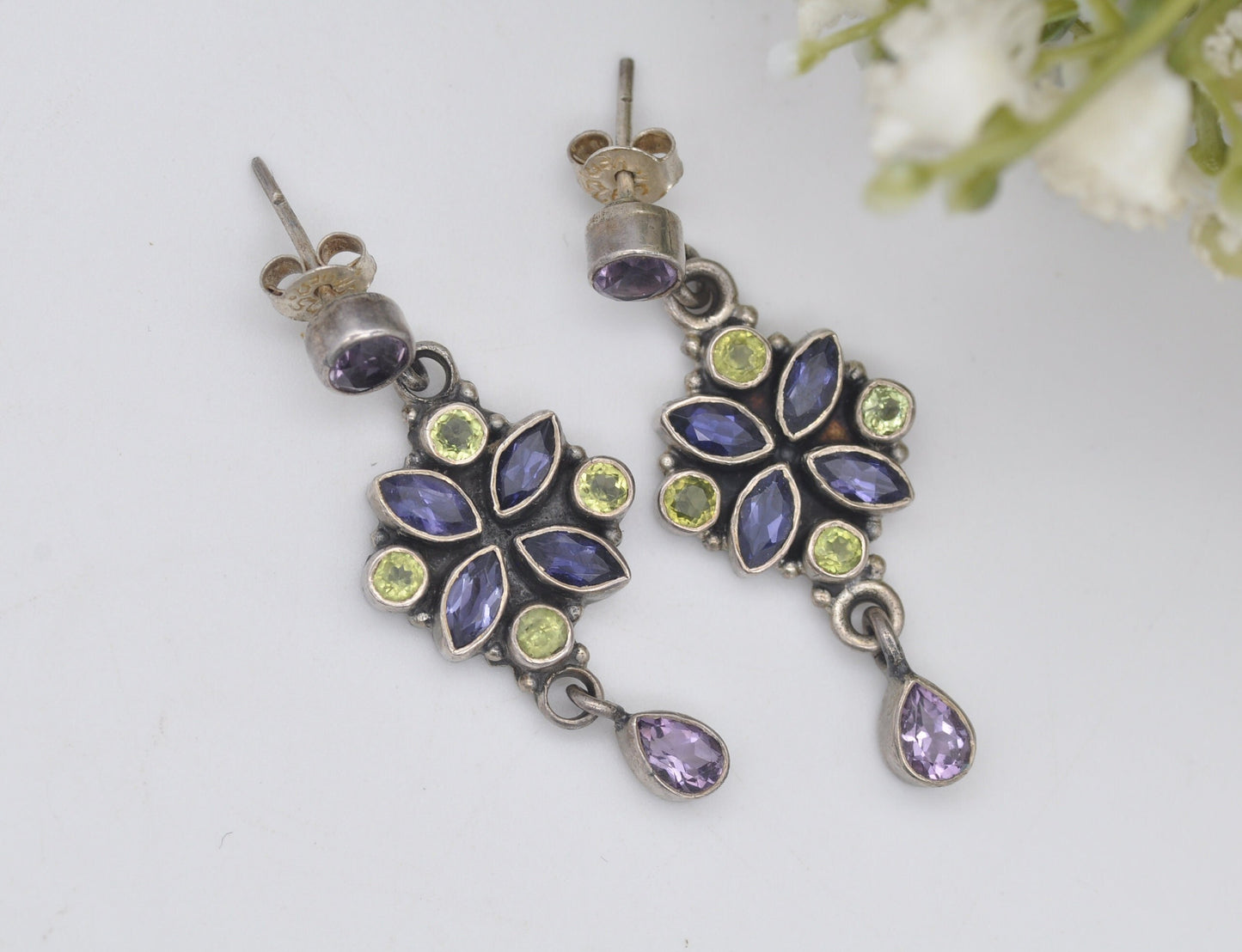 Vintage Sterling Silver Multi-Gemstone Dangle Earrings - Iolite Peridot Amethyst | Flower Design