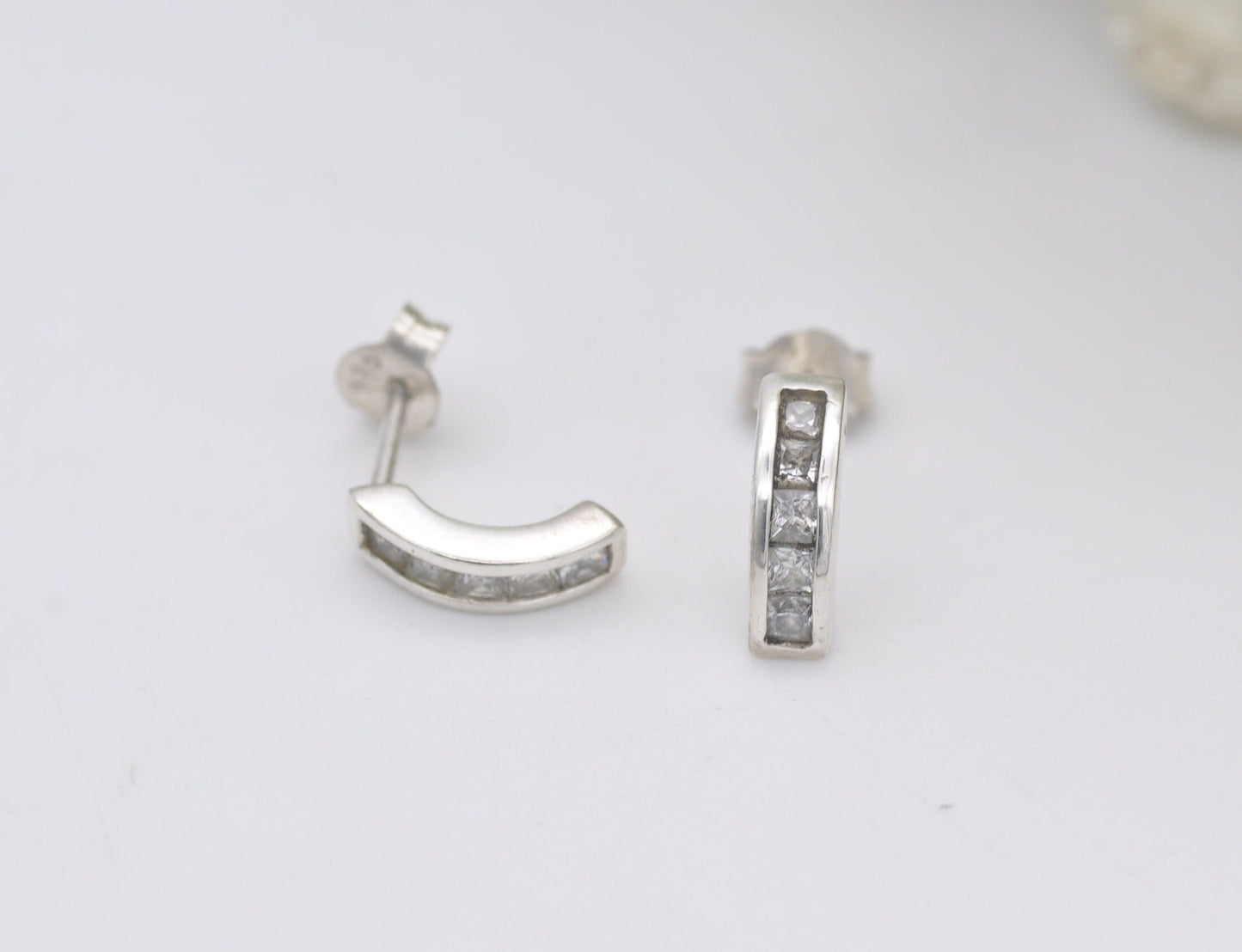 Sterling Silver C Hoop Stud Earrings with White Stones